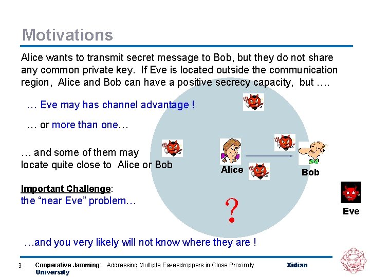 Motivations Alice wants to transmit secret message to Bob, but they do not share
