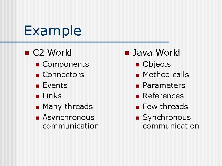 Example n C 2 World n n n Components Connectors Events Links Many threads