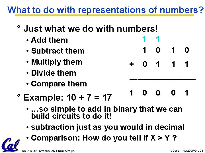What to do with representations of numbers? ° Just what we do with numbers!