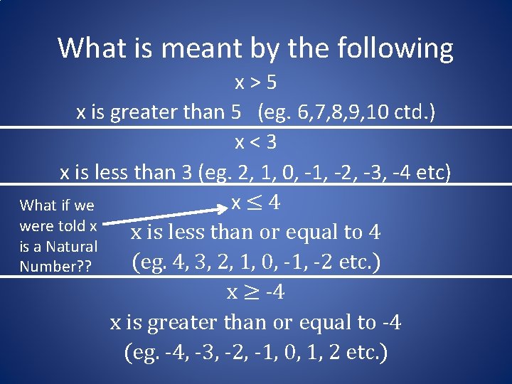 What is meant by the following x>5 x is greater than 5 (eg. 6,