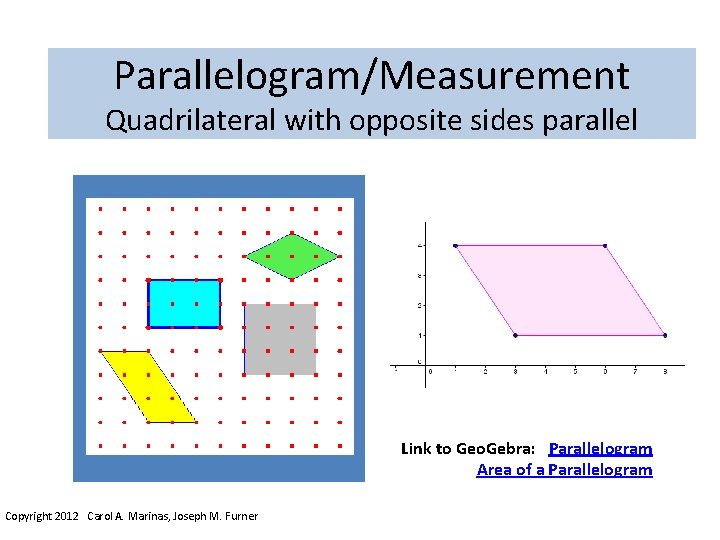 Parallelogram/Measurement Quadrilateral with opposite sides parallel Link to Geo. Gebra: Parallelogram Area of a