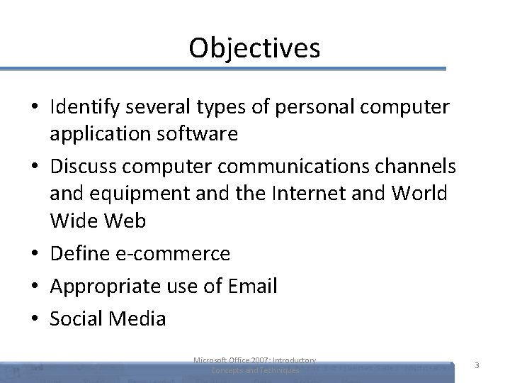 Objectives • Identify several types of personal computer application software • Discuss computer communications Objectives • Identify several types of personal computer application software • Discuss computer communications