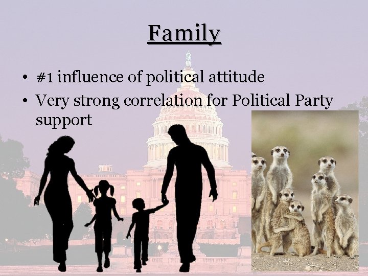 Family • #1 influence of political attitude • Very strong correlation for Political Party