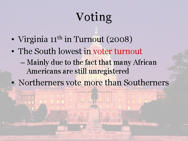 Voting • Virginia 11 th in Turnout (2008) • The South lowest in voter