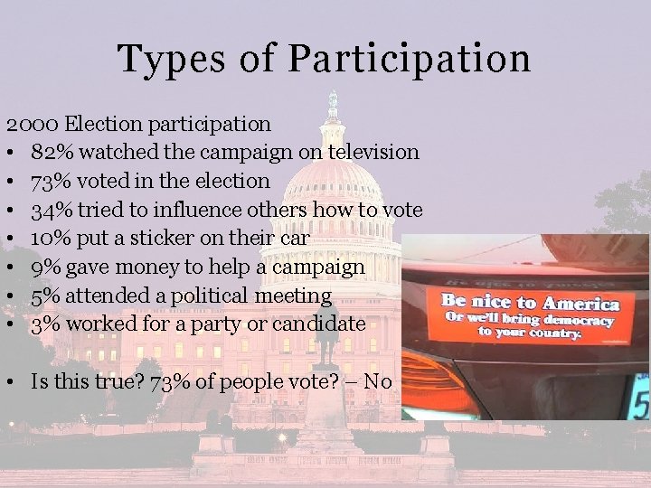 Types of Participation 2000 Election participation • 82% watched the campaign on television •