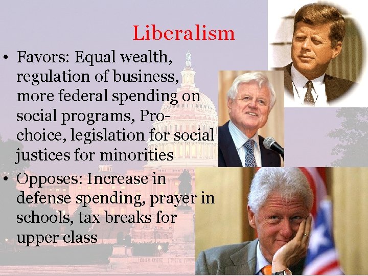 Liberalism • Favors: Equal wealth, regulation of business, more federal spending on social programs,