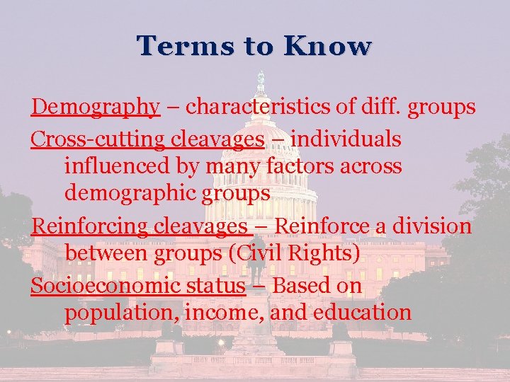 Terms to Know Demography – characteristics of diff. groups Cross-cutting cleavages – individuals influenced