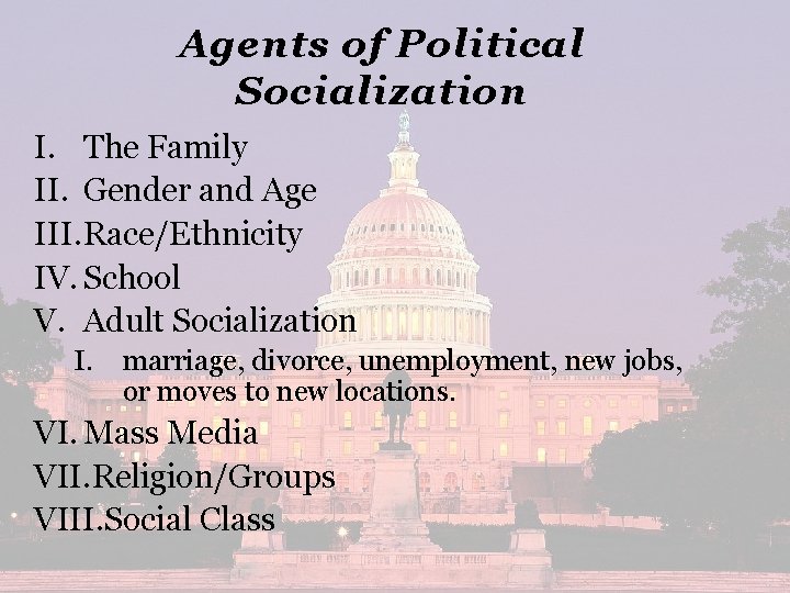 Agents of Political Socialization I. The Family II. Gender and Age III. Race/Ethnicity IV.