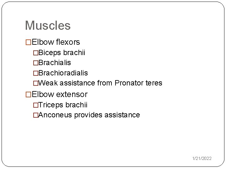 Muscles �Elbow flexors �Biceps brachii �Brachialis �Brachioradialis �Weak assistance from Pronator teres �Elbow extensor