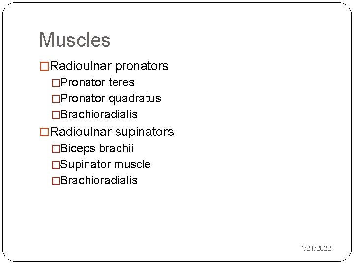 Muscles �Radioulnar pronators �Pronator teres �Pronator quadratus �Brachioradialis �Radioulnar supinators �Biceps brachii �Supinator muscle