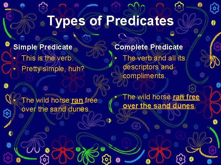 Types of Predicates Simple Predicate Complete Predicate • This is the verb. • Pretty