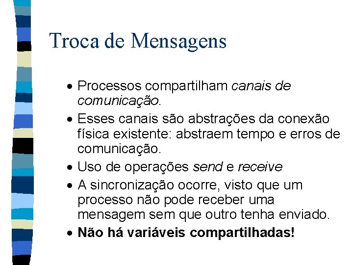 Troca de Mensagens · Processos compartilham canais de comunicação. · Esses canais são abstrações