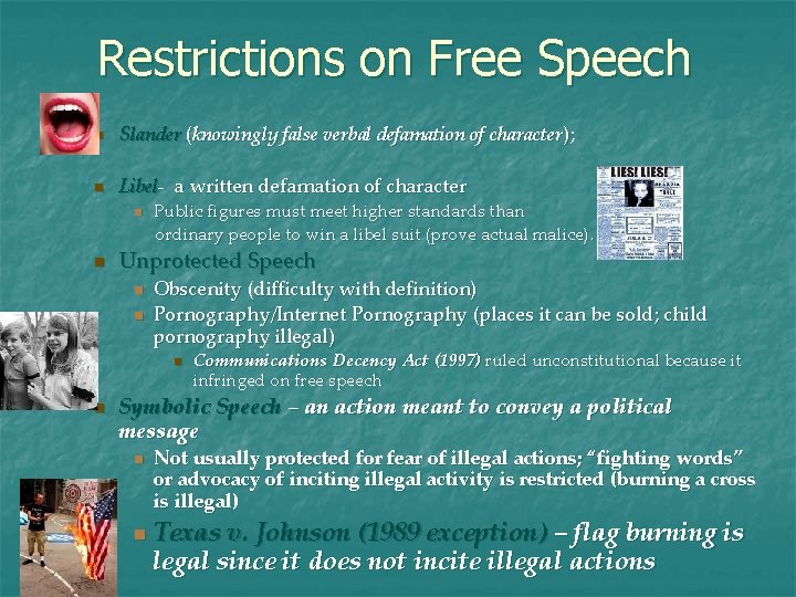 Restrictions on Free Speech n Slander (knowingly false verbal defamation of character); n Libel-