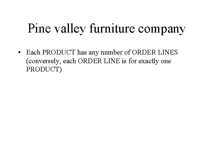 Pine valley furniture company • Each PRODUCT has any number of ORDER LINES (conversely,