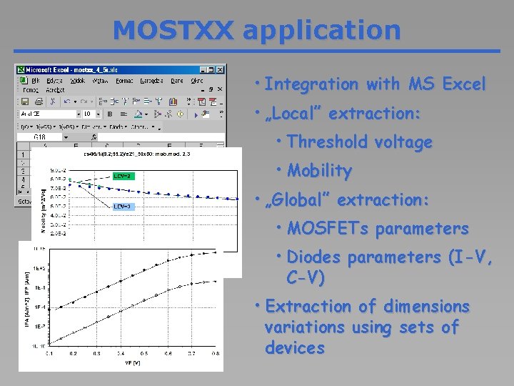 MOSTXX application • Integration with MS Excel • „Local” extraction: • Threshold voltage •