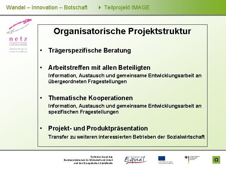 Wandel – Innovation – Botschaft Teilprojekt IMAGE Organisatorische Projektstruktur • Trägerspezifische Beratung • Arbeitstreffen