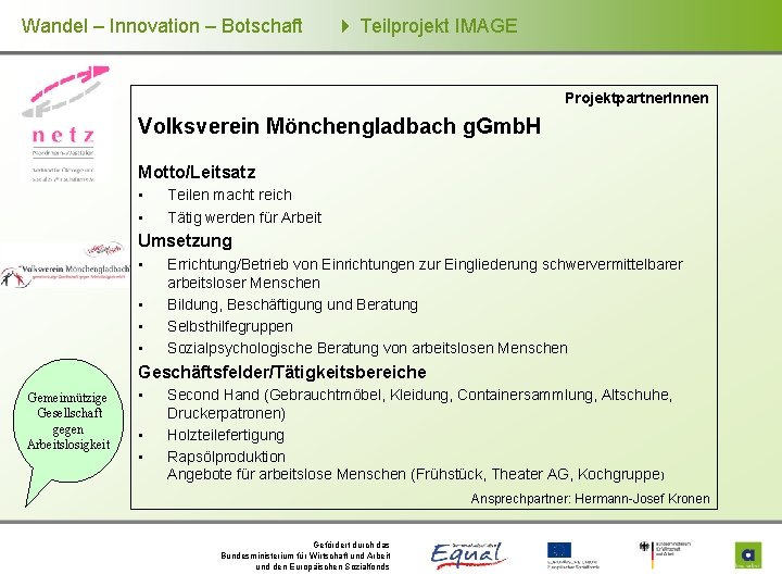 Wandel – Innovation – Botschaft Teilprojekt IMAGE Projektpartner. Innen Volksverein Mönchengladbach g. Gmb. H