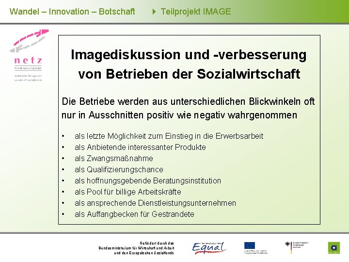 Wandel – Innovation – Botschaft Teilprojekt IMAGE Imagediskussion und -verbesserung von Betrieben der Sozialwirtschaft