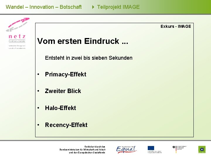 Wandel – Innovation – Botschaft Teilprojekt IMAGE Exkurs - IMAGE Vom ersten Eindruck. .