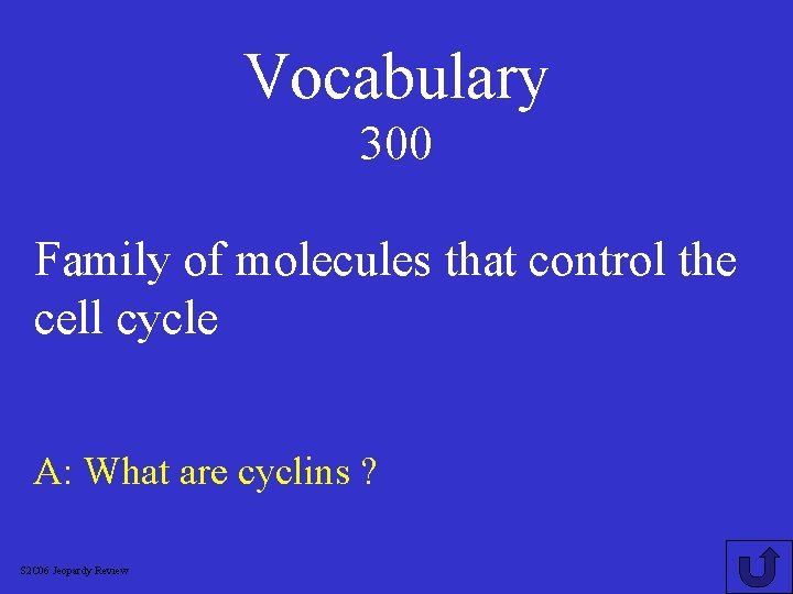 Vocabulary 300 Family of molecules that control the cell cycle A: What are cyclins