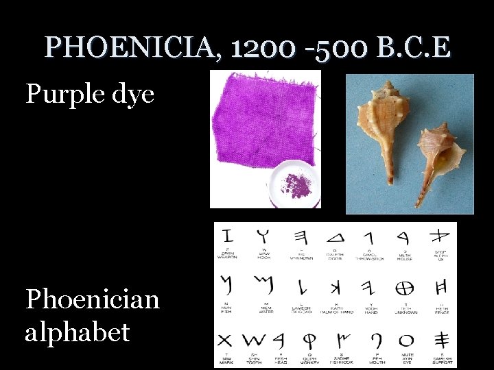 PHOENICIA, 1200 -500 B. C. E Purple dye Phoenician alphabet  PHOENICIA, 1200 -500 B. C. E Purple dye Phoenician alphabet
