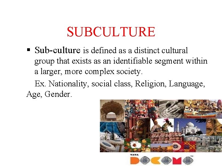 SUBCULTURE Sub-culture is defined as a distinct cultural group that exists as an identifiable