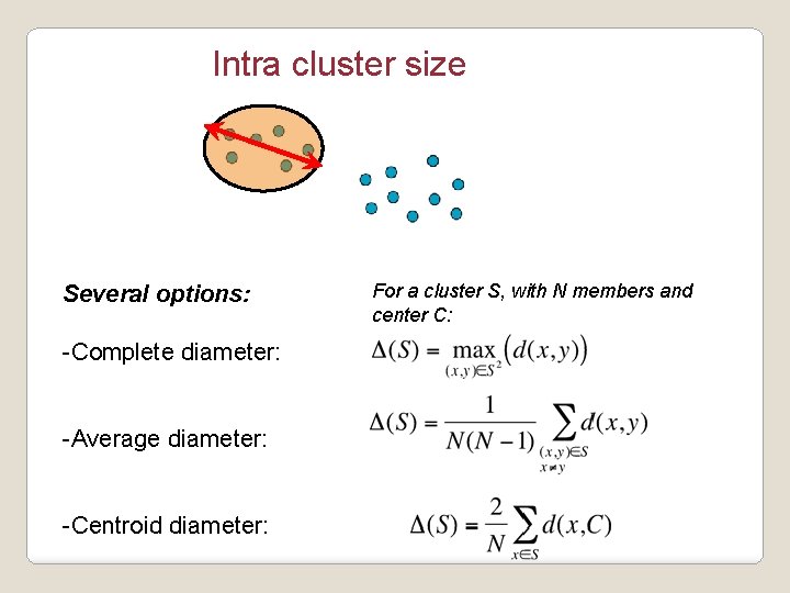 Intra cluster size Several options: -Complete diameter: -Average diameter: -Centroid diameter: For a cluster