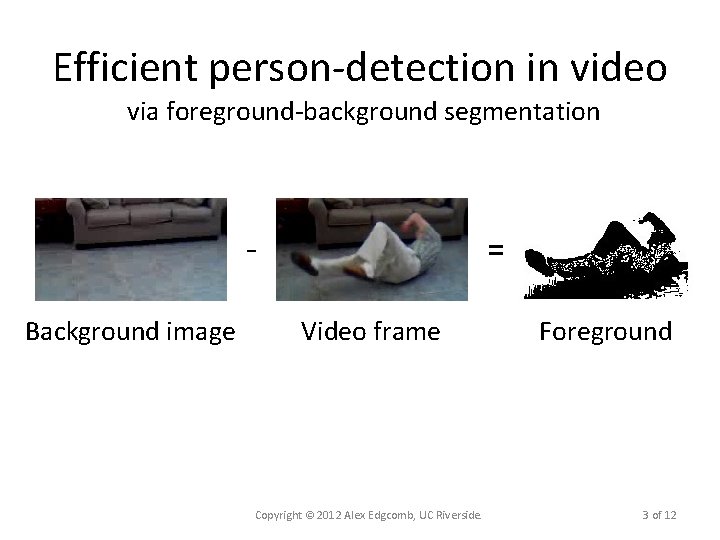 Efficient person-detection in video via foreground-background segmentation Background image = Video frame Copyright ©