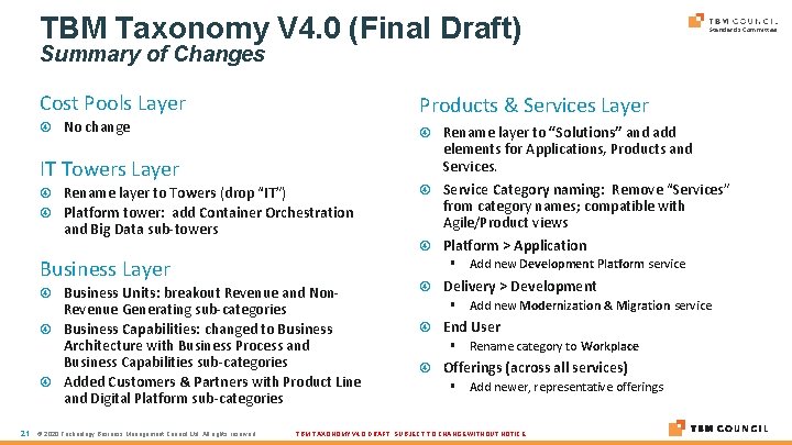 TBM Taxonomy V 4. 0 (Final Draft) Standards Committee Summary of Changes Cost Pools TBM Taxonomy V 4. 0 (Final Draft) Standards Committee Summary of Changes Cost Pools