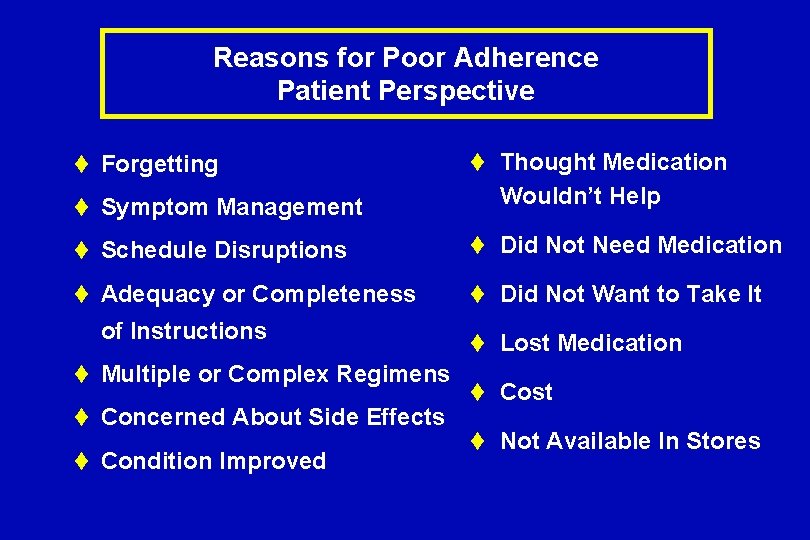 Reasons for Poor Adherence Patient Perspective t Forgetting t Symptom Management t Thought Medication