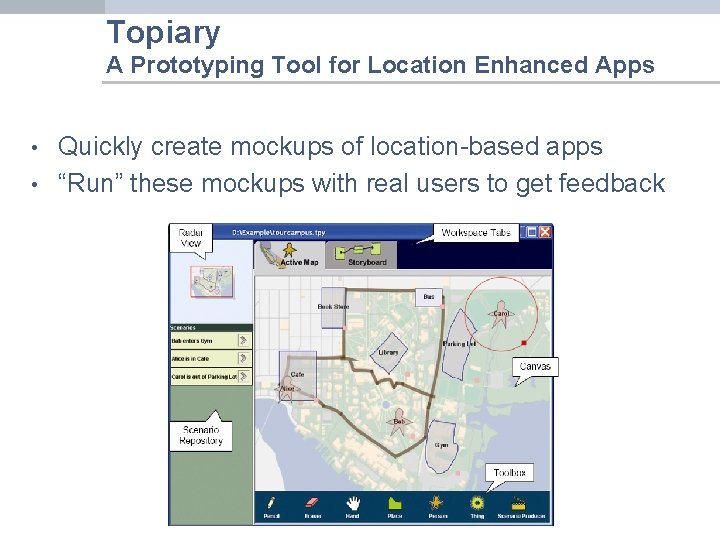 Topiary A Prototyping Tool for Location Enhanced Apps • • Quickly create mockups of