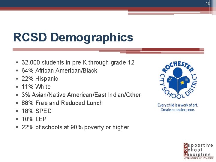 15 RCSD Demographics § § § § § 32, 000 students in pre-K through