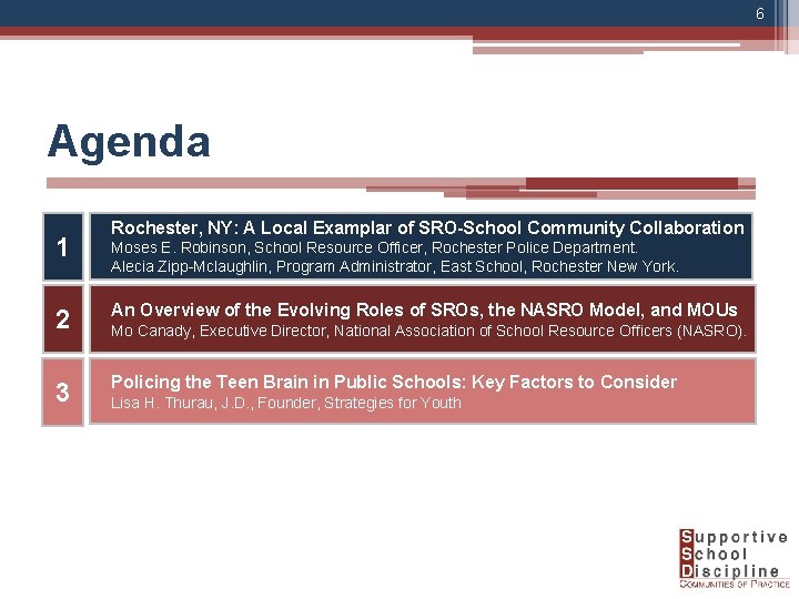6 Agenda 1 Rochester, NY: A Local Examplar of SRO-School Community Collaboration Moses E.