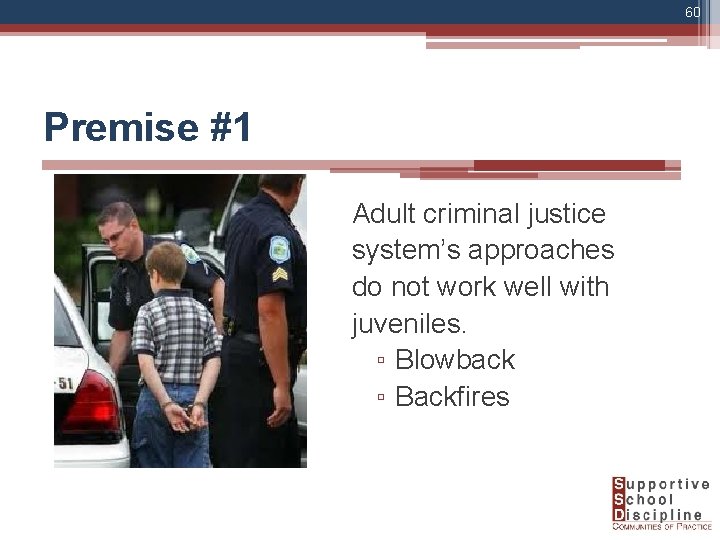 60 Premise #1 Adult criminal justice system’s approaches do not work well with juveniles.