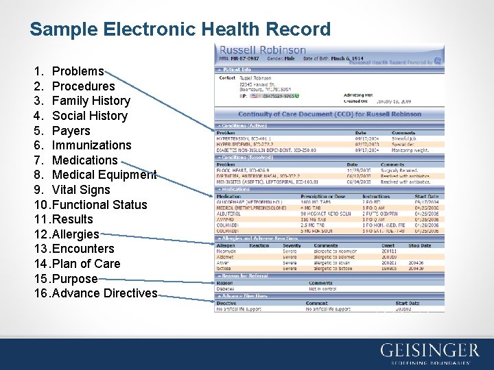 Sample Electronic Health Record 1. Problems 2. Procedures 3. Family History 4. Social History