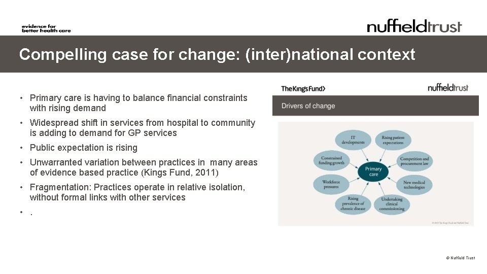 Compelling case for change: (inter)national context • Primary care is having to balance financial