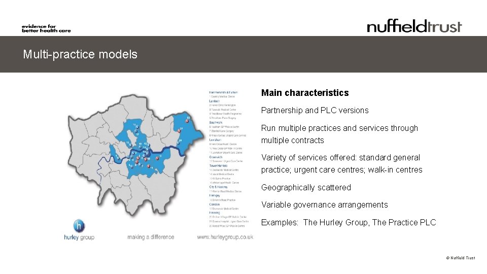 Multi-practice models Main characteristics Partnership and PLC versions Run multiple practices and services through
