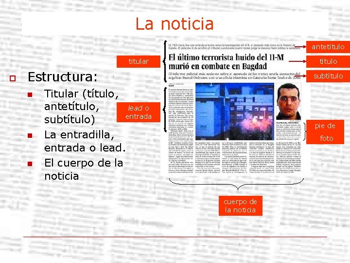 La noticia antetítulo titular o título Estructura: n n n subtítulo Titular (título, antetítulo,