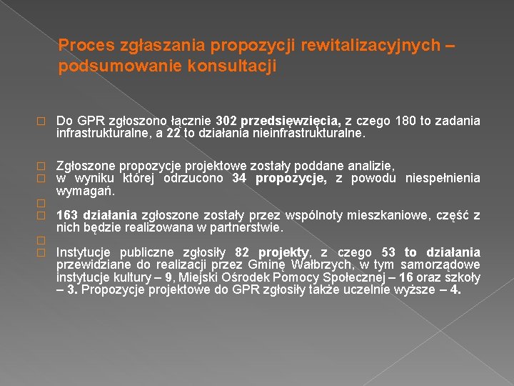 Proces zgłaszania propozycji rewitalizacyjnych – podsumowanie konsultacji � Do GPR zgłoszono łącznie 302 przedsięwzięcia,