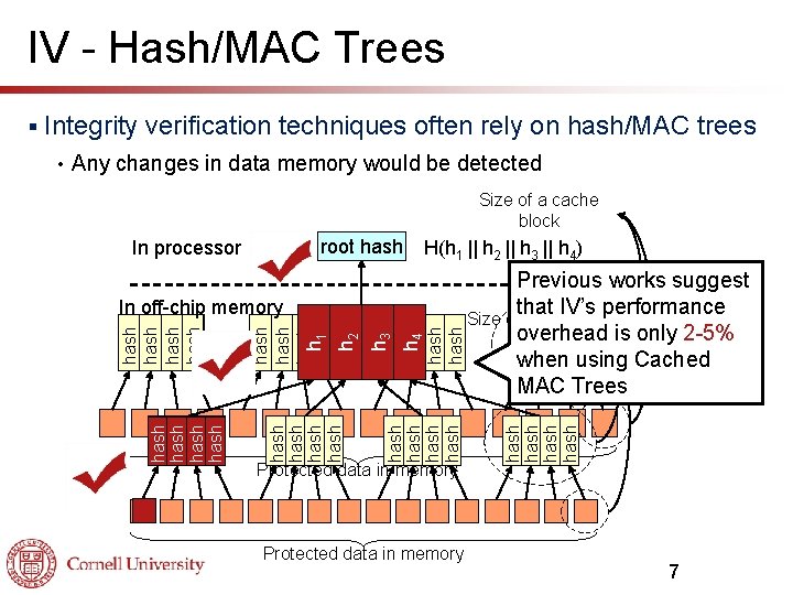 IV - Hash/MAC Trees Integrity verification techniques often rely on hash/MAC trees Any changes