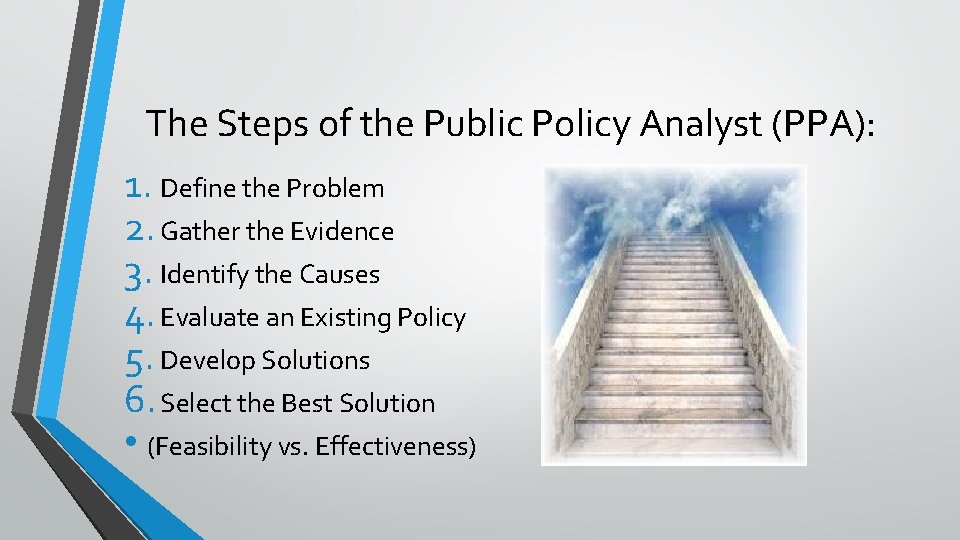 The Steps of the Public Policy Analyst (PPA): 1. Define the Problem 2. Gather