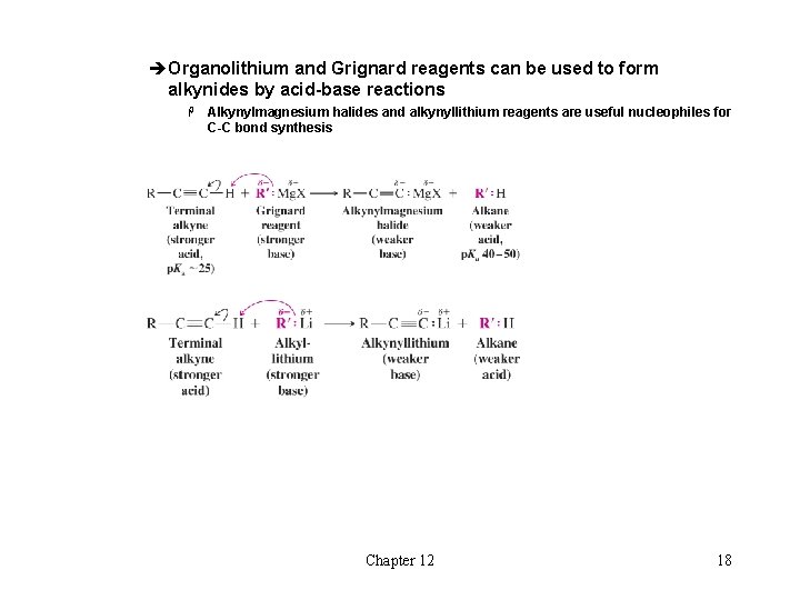 èOrganolithium and Grignard reagents can be used to form alkynides by acid-base reactions H