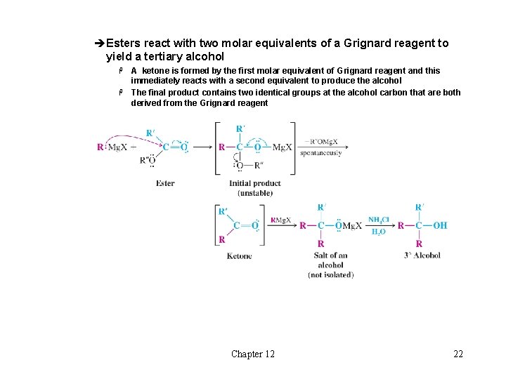 èEsters react with two molar equivalents of a Grignard reagent to yield a tertiary