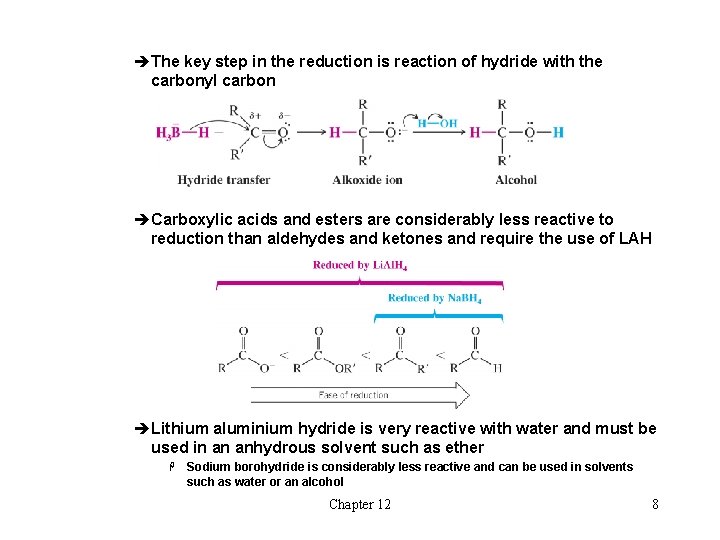 èThe key step in the reduction is reaction of hydride with the carbonyl carbon