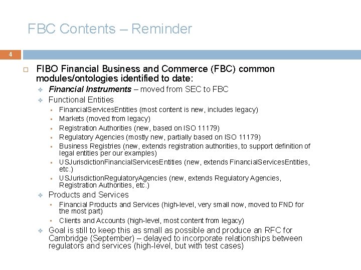 FBC Contents – Reminder 4 FIBO Financial Business and Commerce (FBC) common modules/ontologies identified