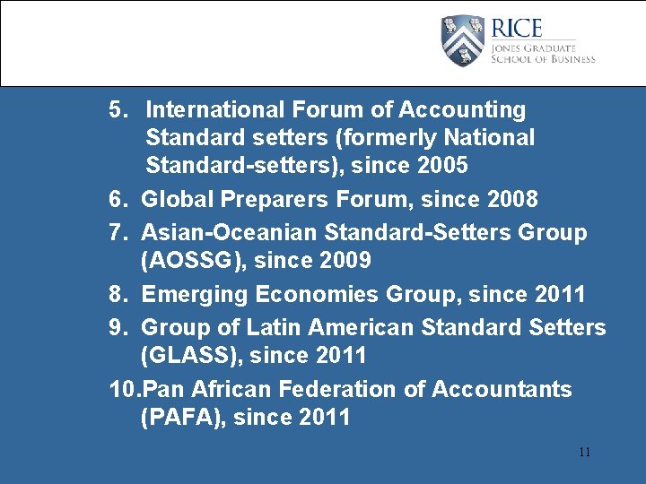 5. International Forum of Accounting Standard setters (formerly National Standard-setters), since 2005 6. Global