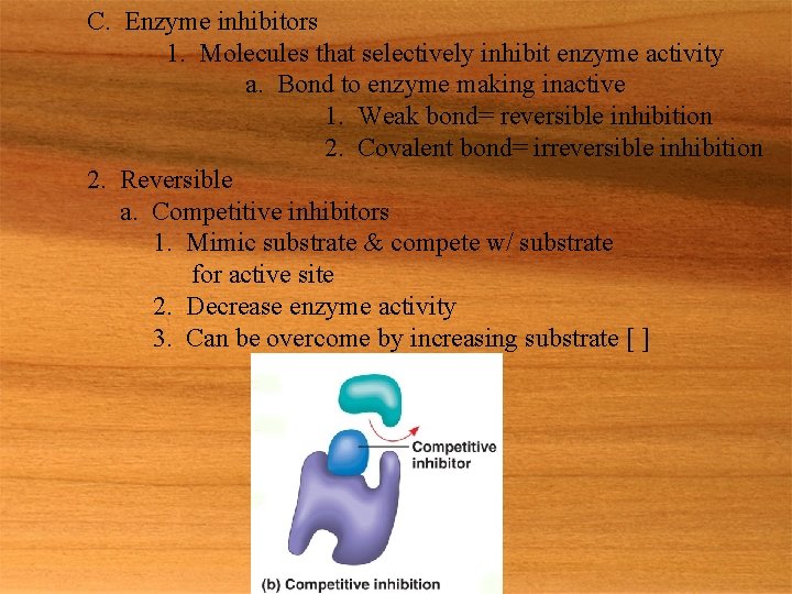 C. Enzyme inhibitors 1. Molecules that selectively inhibit enzyme activity a. Bond to enzyme