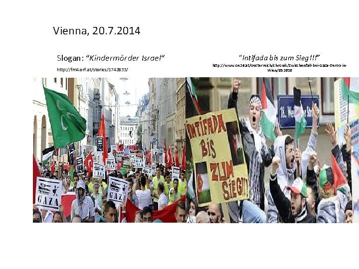 Vienna, 20. 7. 2014 Slogan: “Kindermörder Israel“ http: //fm 4. orf. at/stories/1742833/ “Intifada bis