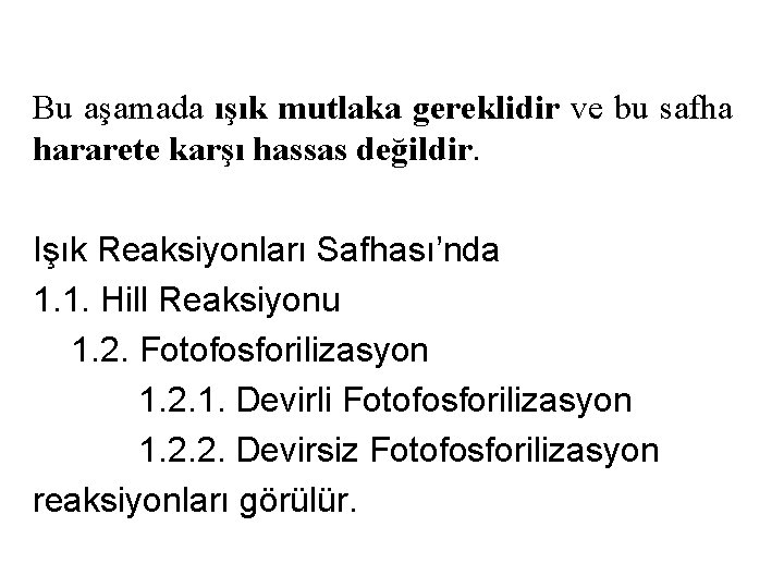 Bu aşamada ışık mutlaka gereklidir ve bu safha hararete karşı hassas değildir. Işık Reaksiyonları