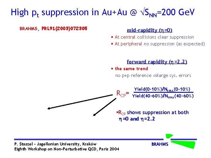 High pt suppression in Au+Au @ SNN=200 Ge. V BRAHMS, PRL 91(2003)072305 mid-rapidity (